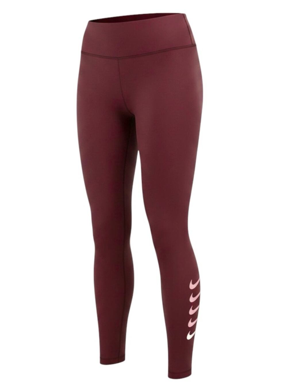 Nike One Leggings Burgundy Mid-Waisted Swoosh Print DJ0934-638 Athletic Tights